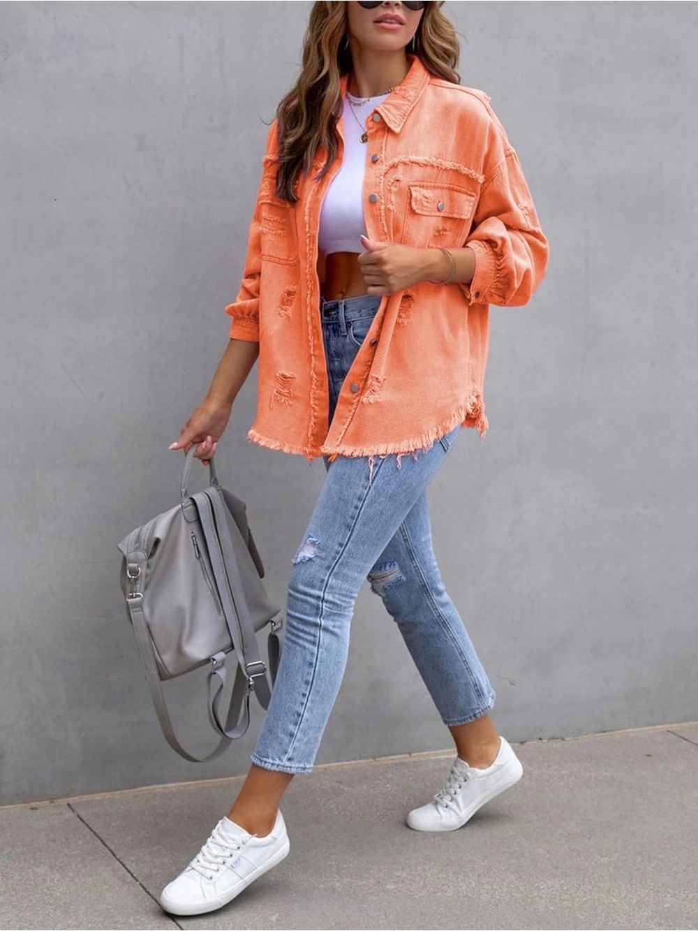 NWT Fall Outfit, Distressed Orange Denim Jacket - Casual Shacket 🍊